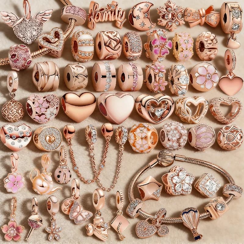 Offerta Speciale: Charm a Forma di Cuore, Stella e Fiore in Oro Rosa Scintillante, Compatibile con Bracciali e Collane Originali, Per Creazione di Gioielli Fai-da-Te