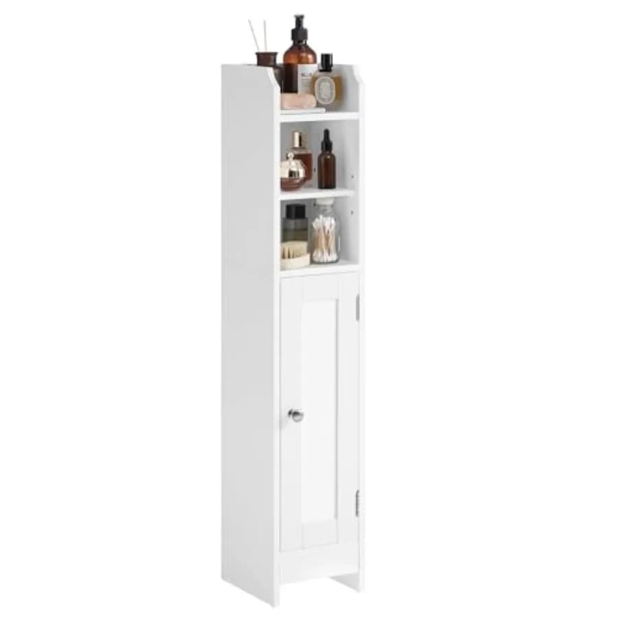 Mobiletto angolare salvaspazio con anta, 7.9 x 7.1 x 36.2 pollici, porta carta igienica stretto, ripiani regolabili per