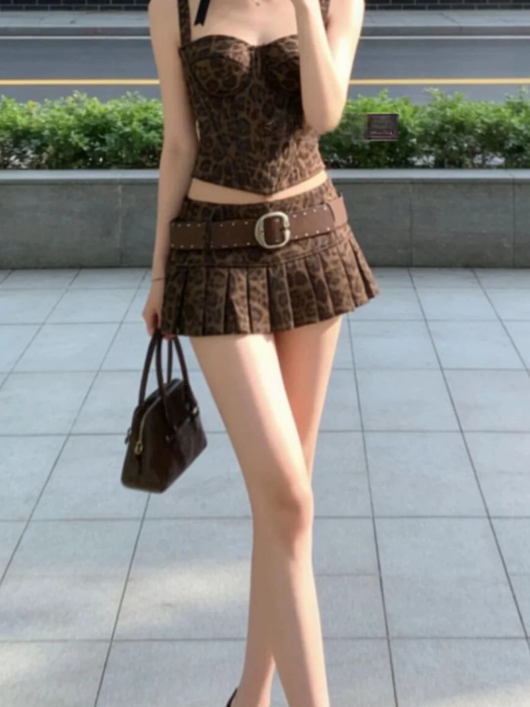 Sweet Style Leopard Print Half Skirt with Belt Women's Spicy Short Pleated Summer New Arrival Skirt Low Waist Cake Skirt