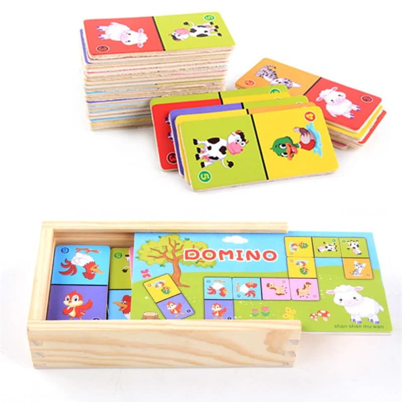 Montessori Legno Domino Building Blocks Animale Cognitivo Solitario Domino Puzzle Board Bambini Prima Educazione Giocattoli Educativi