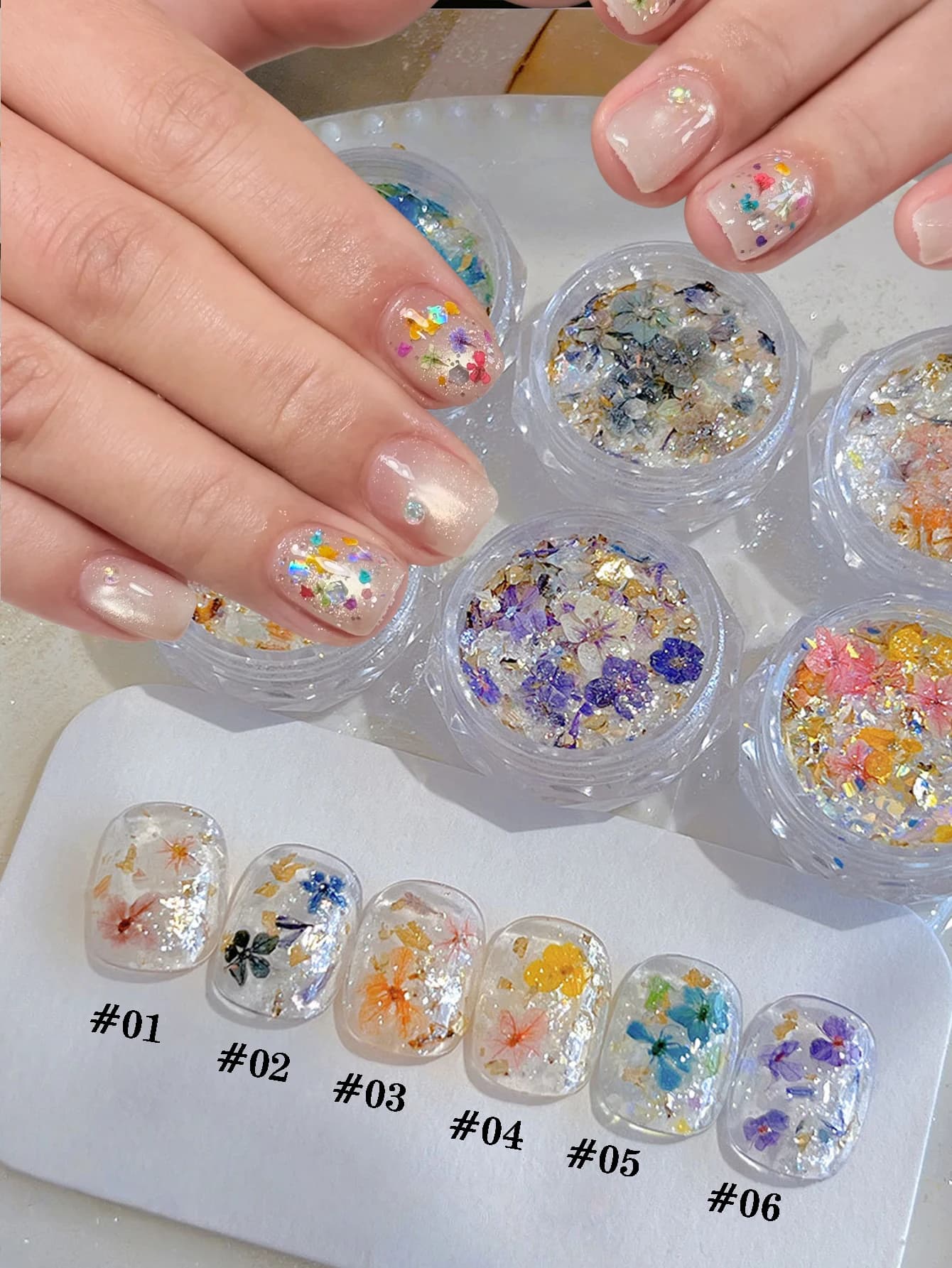 1/6 pezzo di polvere per unghie Opal Flower, decorazione per unghie, accessori per nail art, charm per nail art fai da te, adatto per la primavera e l'estate