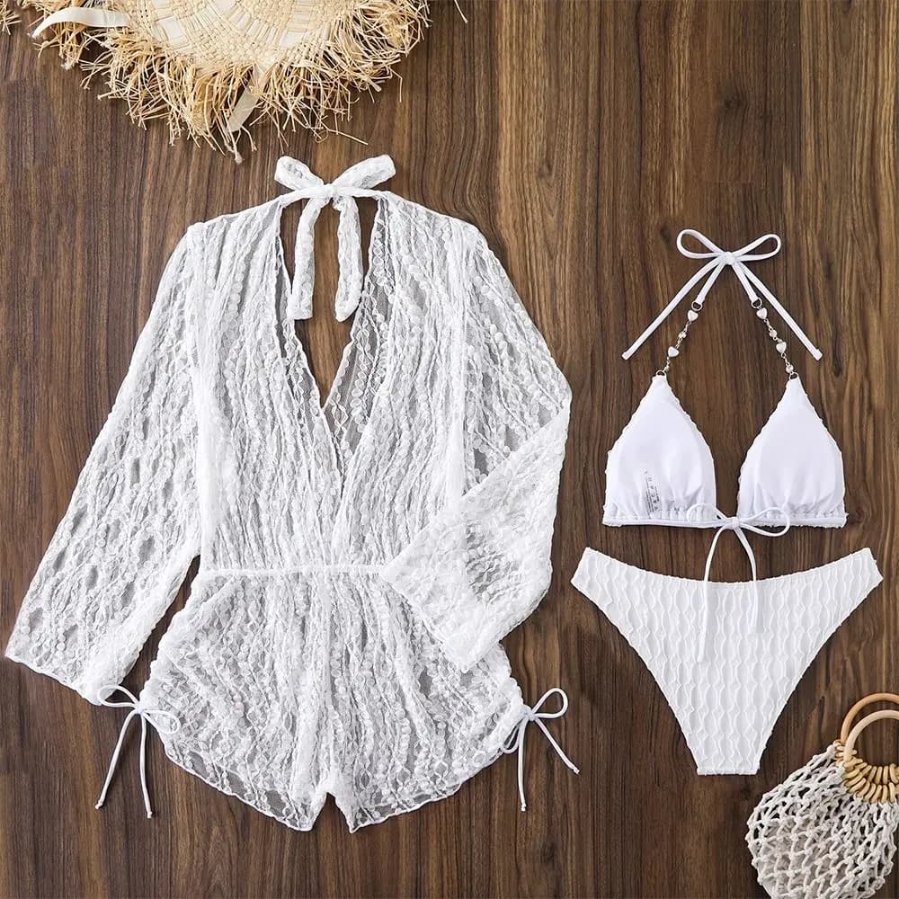 Set 3 Pezzi Costume da Bagno Estivo da Donna alla Moda con Copricostume in Rete a Maniche Lunghe, Abbigliamento Casual per Vacanze e Spiaggia