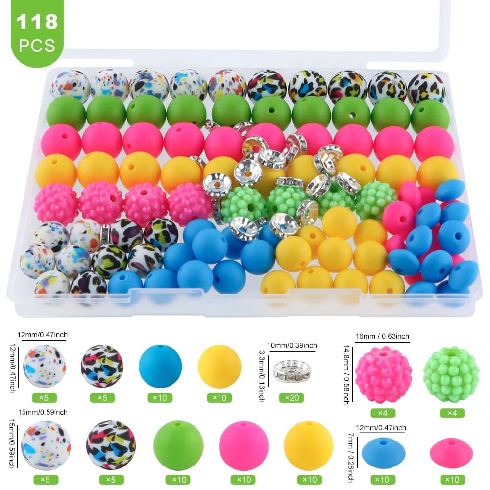 Set of 118 Colored Silicone Beads with Metal Distinguishing, DIY Jewelry Creation Kit for Bracelets and Keyring