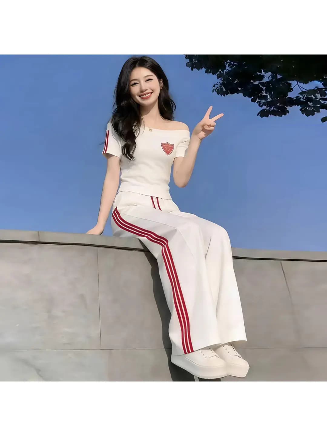 Summer Fashionable Sportswear Set for Women Beautiful Trendy Casual Shoulder Bared Top And Long Pants Cotton Short Sleeve T-S...