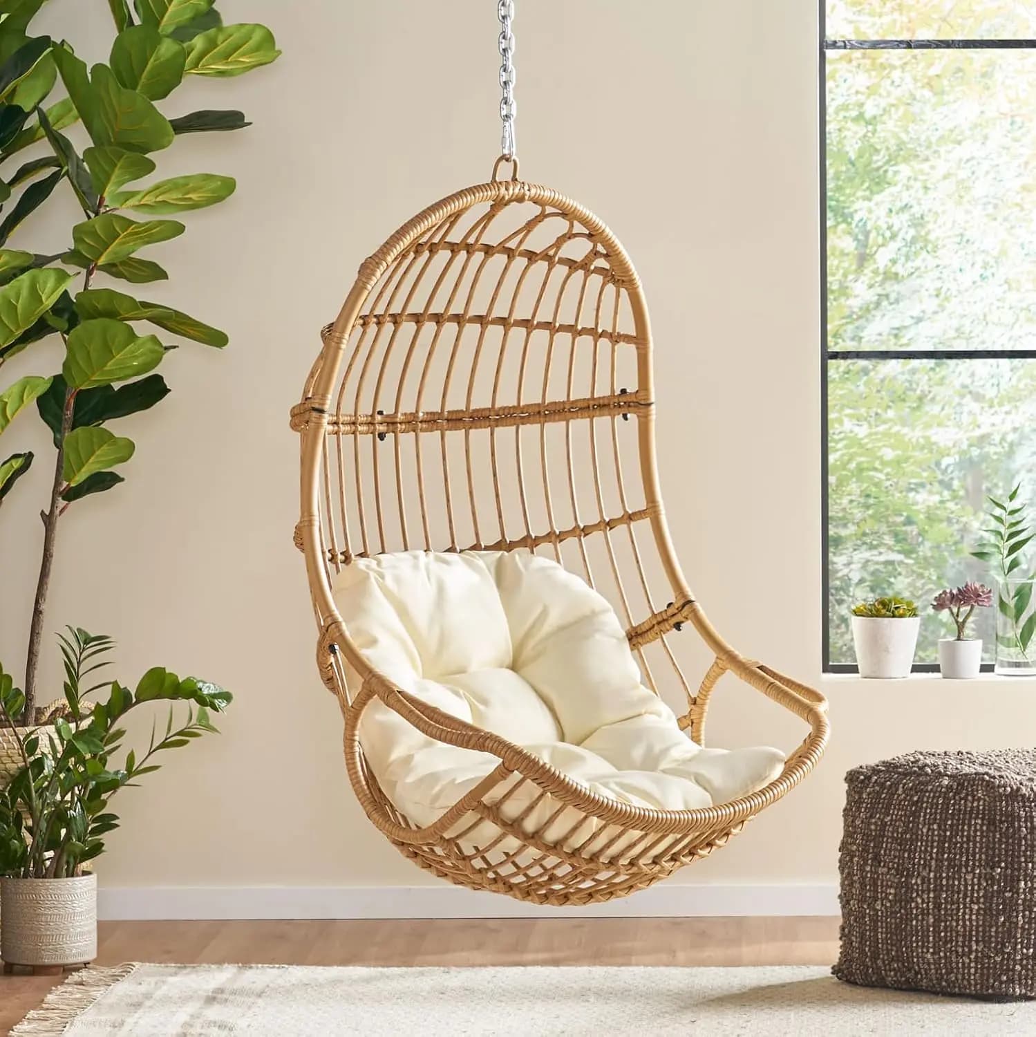 Cuscino per Sedia Sospesa in Vimini, per Esterni e Interni, Sedia a Cesto, Sdraio da Giardino Boho, Dondolo da Portico, Arredamento Moderno per Patio, Marrone Chiaro