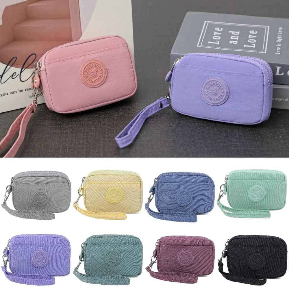 Portable Solid Color Women Wallet with Lanyard Double Layer Credit Card Holder Waterproof Nylon Coin Purse Ladies