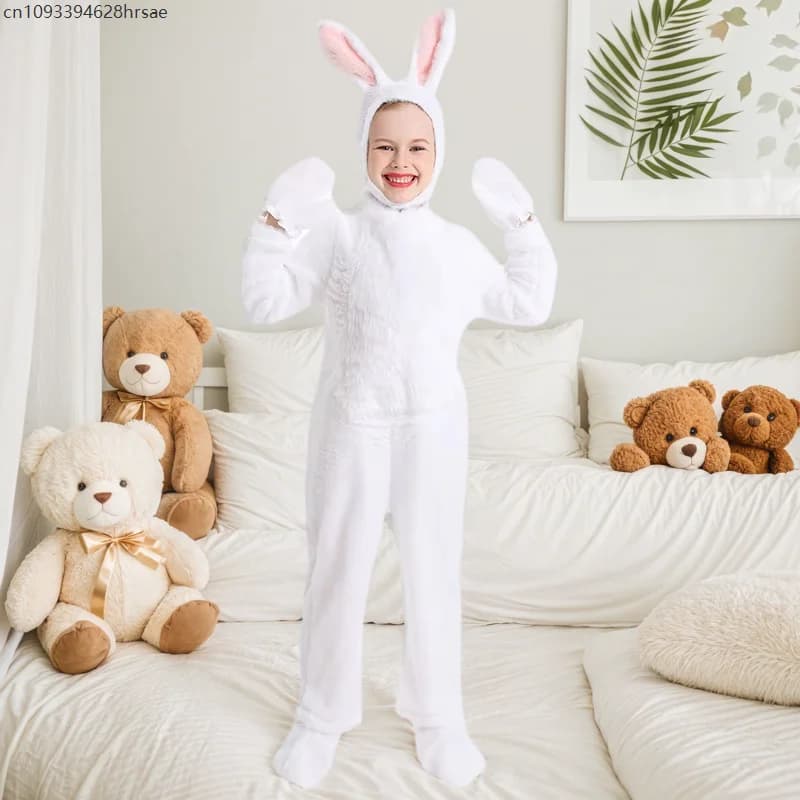 Furry Animal Cosplay Costume Girls Boys White Cute Small Rabbit Bunny Costume Easter Carnival Outfit Jumpsuit Pajamas