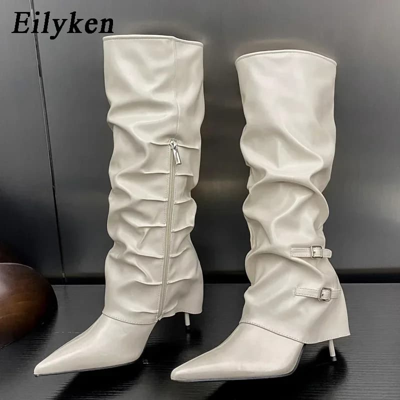Eilyken Fashion Pleated Buckle Women Knee-High BootsPointed Toe Thin High Heels Zipper Female Shoes Autumn Winter Botas Mujer