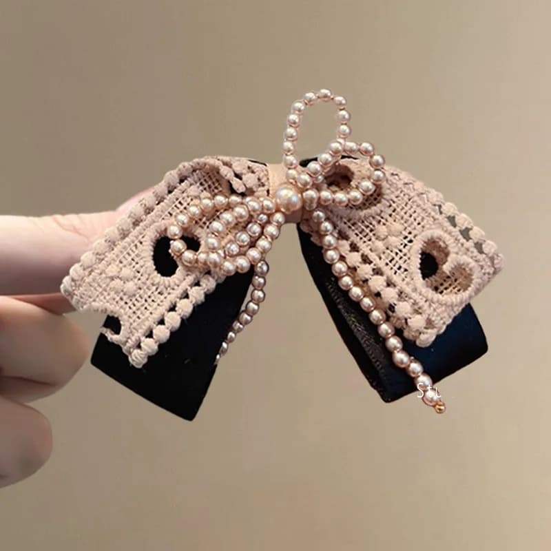 1 pezzo di fermaglio per capelli in pizzo con perle e fiocco a farfalla, stile di alta gamma, fermaglio a becco d'anatra, fermaglio dolce per frangia, per donna, colore rosa latte.