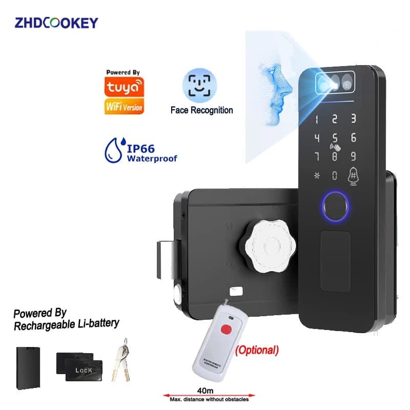 Tuya Wifi SmartLife 3D Riconoscimento facciale Smart Lock Impermeabile Impronta digitale IC Card Password Batteria ricaricabile Li per cancello/porta