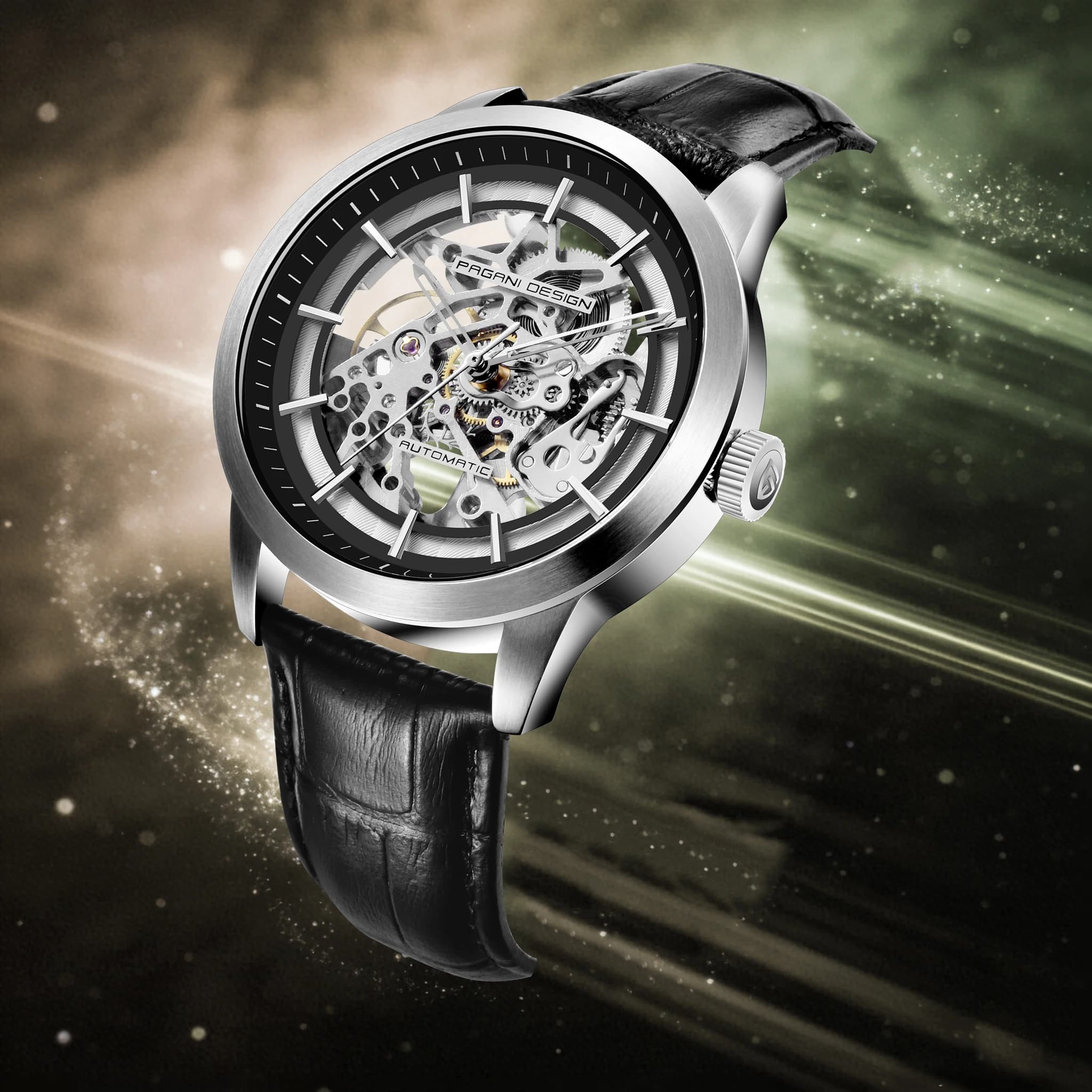 Orologio Meccanico da Uomo PAGANI DESIGN Urban Celebrity, Lusso Formale da Business, in Pelle, con Tourbillon, Vetro Hardlex, Cassa Scheletrata, Impermeabile 30m
