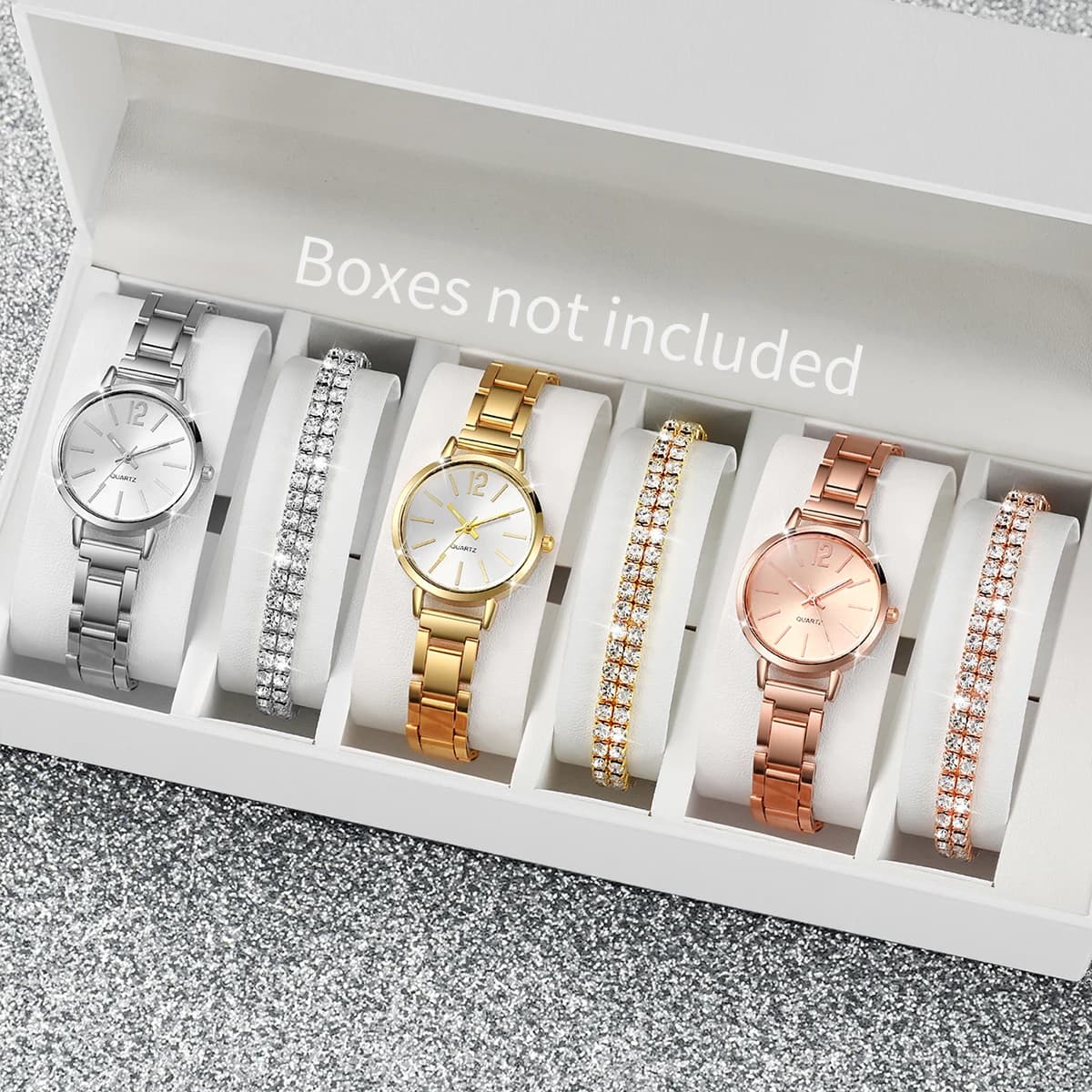 6pcs/set Women Watch Fashion Steel Band Quartz Watches Diamond Bracelet Set (No Box)