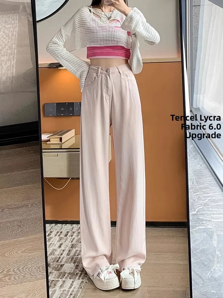 Jeans Rosa Drappeggiati in Lyocell e Seta da Donna, Estivi, Sottili, Morbidi, a Gamba Larga, a Vita Alta, in Misto Cotone, Effetto Snellente per Silhouette a Pera
