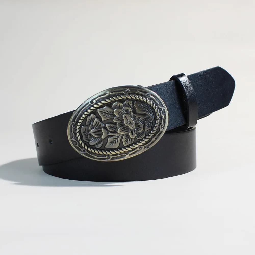 Cinture in Pelle PU Stile Western per Uomo e Donna - Cintura Vintage con Fibbia Incisa a Motivi Floreali per Jeans