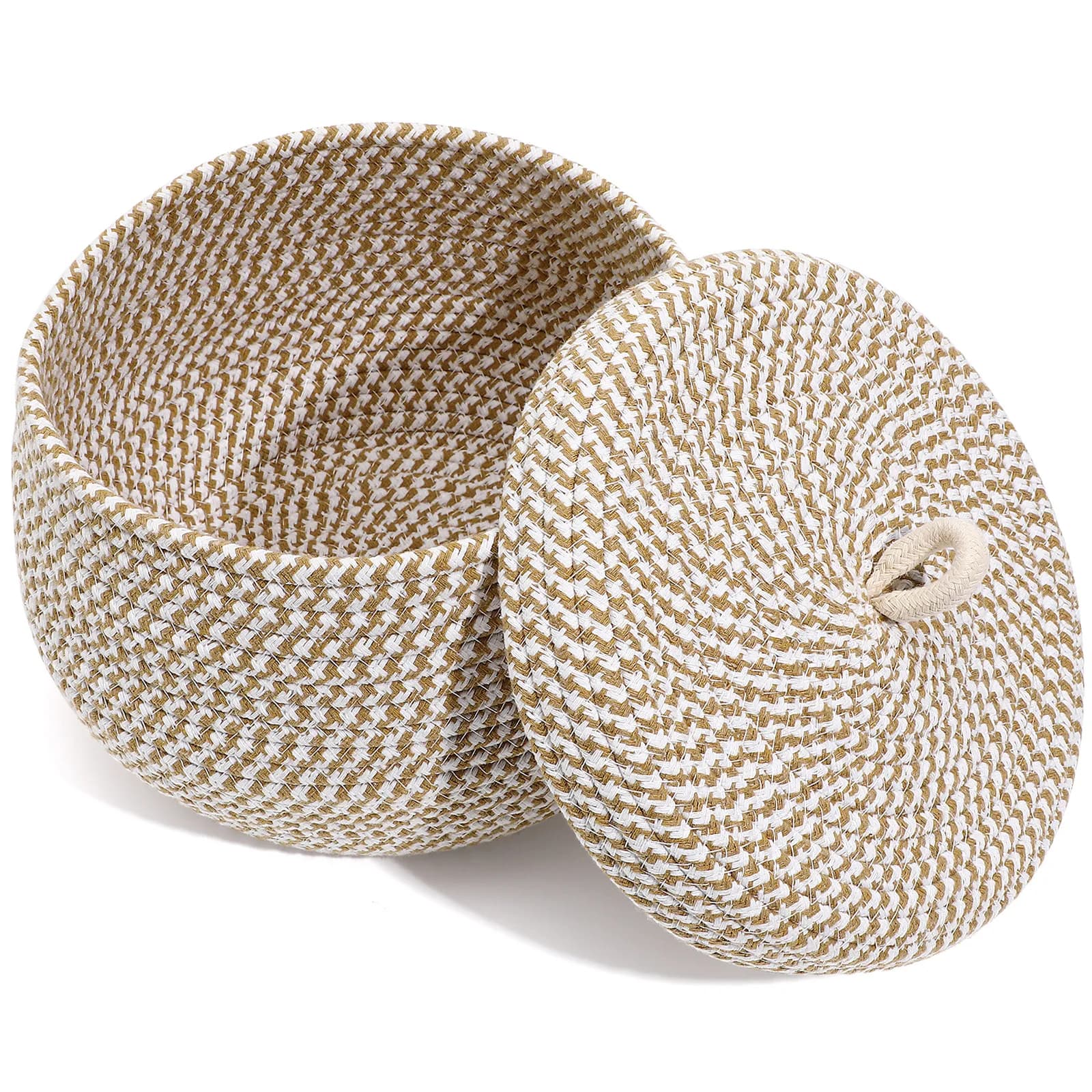 Cestino Portaoggetti Rotondo Intrecciato con Coperchio in Corda di Cotone, Organizzatore Decorativo per Scrivania, Scaffale, Bagno, Soggiorno, Casa