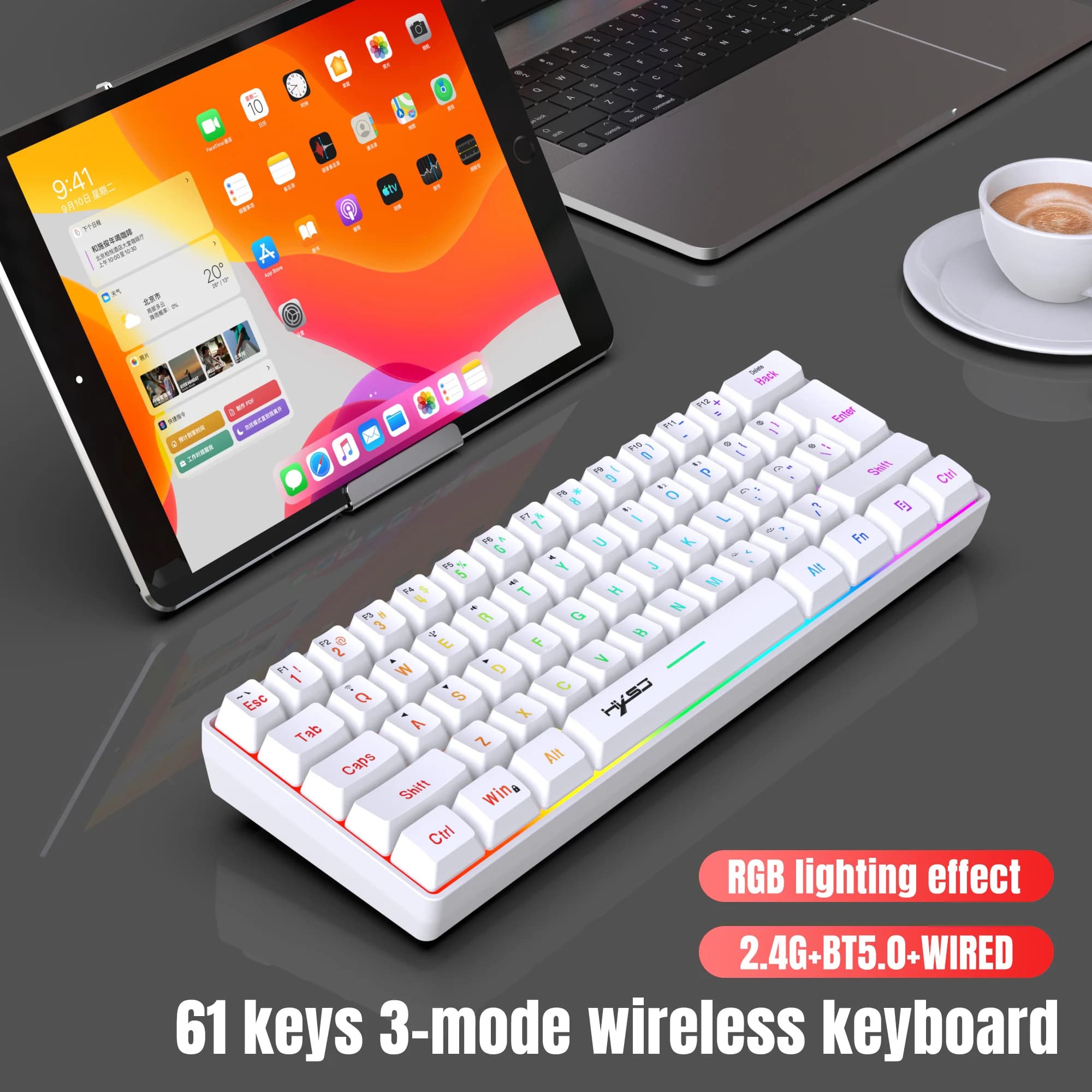 Tastiera wireless 2.4G con filo, tastiera wireless RGB da gioco a 61 tasti per computer portatili Windows