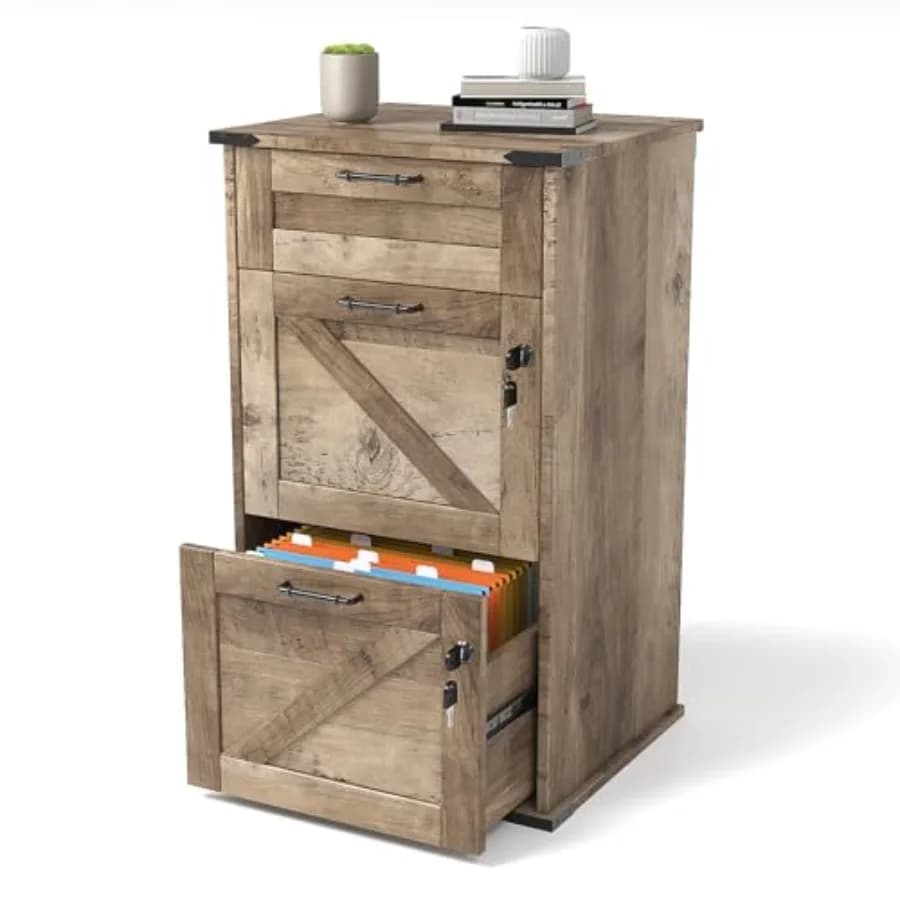 Classificatore verticale in legno a 3 cassetti con serratura per l'organizzazione dell'home office, ideale per la conservazione di documenti formato Letter, design moderno.