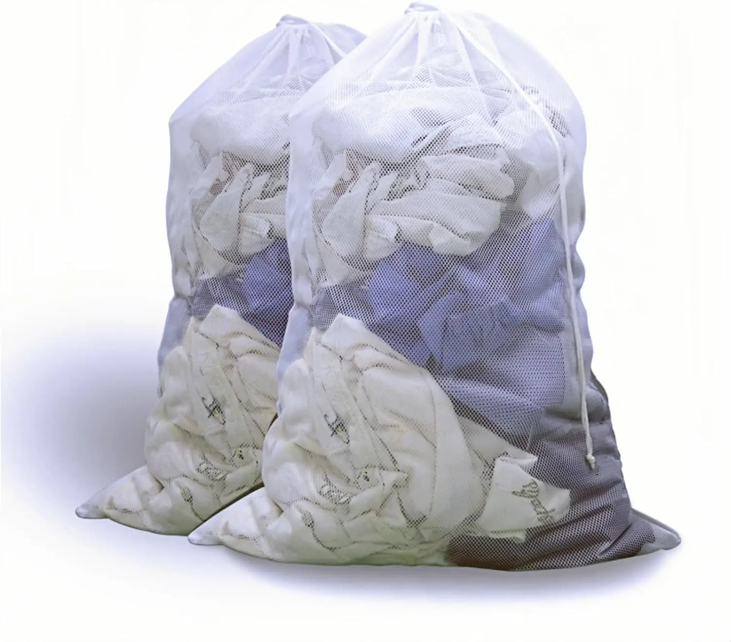 Confezione da 2 Sacchi per Bucato in Rete Grande 24x36 Pollici, Resistenti con Chiusura a Cordoncino, Bianchi per Viaggi e Dormitori