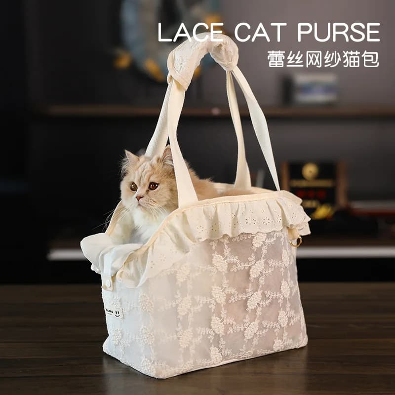 Borsa da trasporto per gatti in rete di pizzo Borsa da trasporto portatile multifunzione per cuccioli Borsa a tracolla portatile in pizzo per simpatico gatto Chihuahua