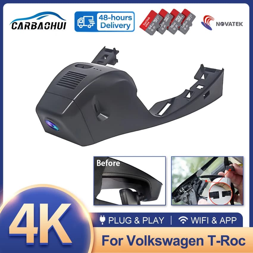 For VW Volkswagen T-Roc T Roc Troc 2017-2024, Plug and Play 4K Dashcam Wifi Dash Camera Dash Cam for Car Vehicle Video Recorder