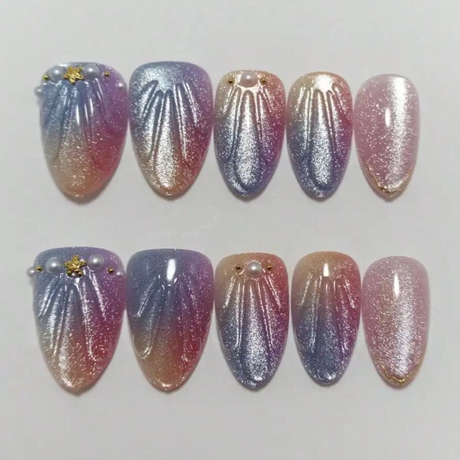 24 Fine Nails Iridescent Crafts Effect Cat Eye, Mandorla Shape, with 3D Pearls and Glitter, Reusable, for Female Nail Art