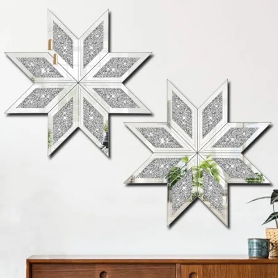 Specchio Decorativo a 2 Pezzi con Diamanti Frantumati, Specchio Decorativo da Parete Argento con Diamanti Frantumati per Soggiorno, Camera da Letto, Bagno, Ufficio 12X