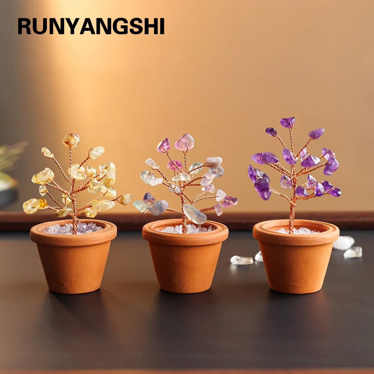 1pc Natural Crystal Mini Tree Clay Pot Base Amethyst Quartz Healing Gemstones Potted Plant Style Crafts Feng Shui Home Decor