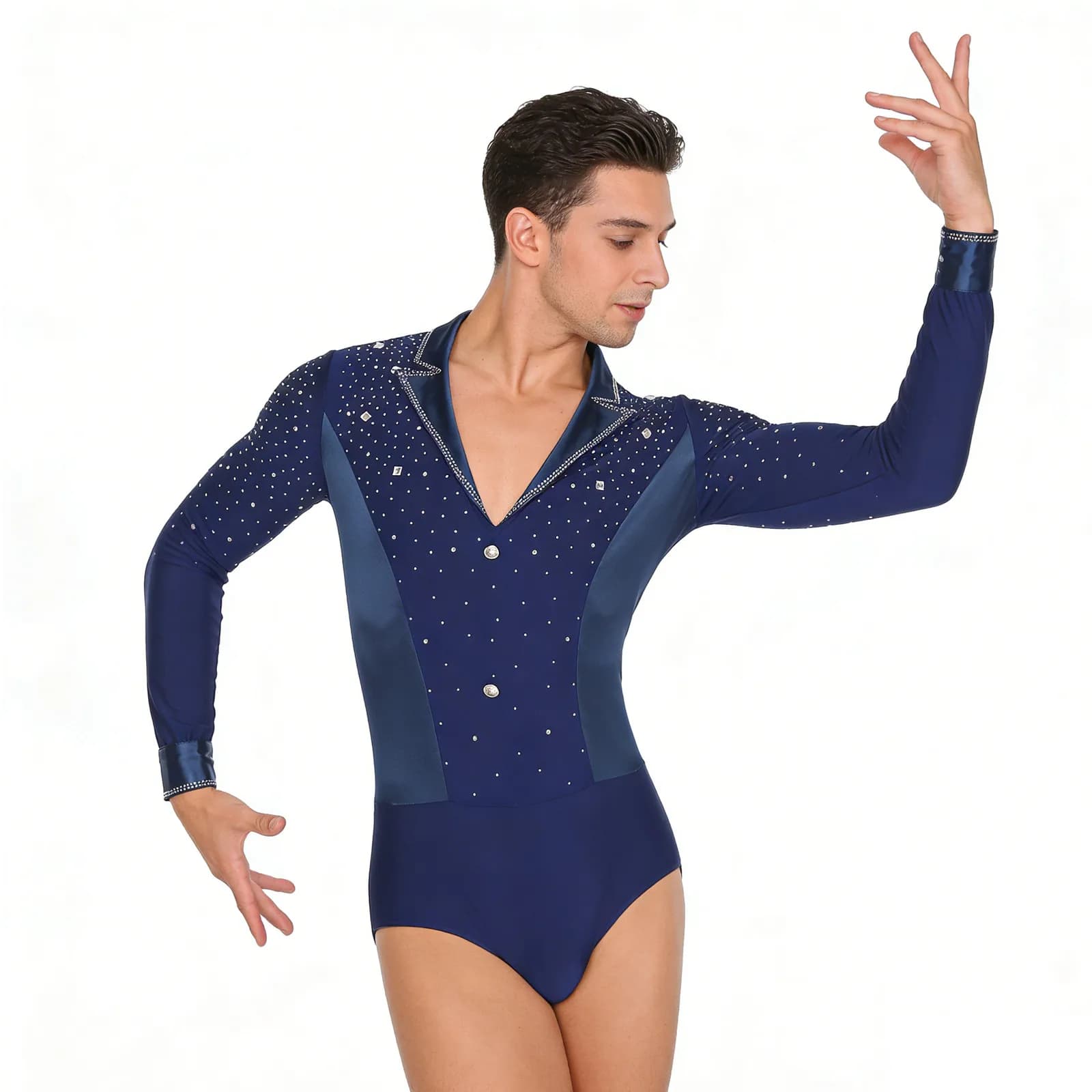 Ginnastica da uomo Collant da balletto Costume da pattinaggio artistico di figura Tute con strass scintillanti Camicie da ballo latino tango