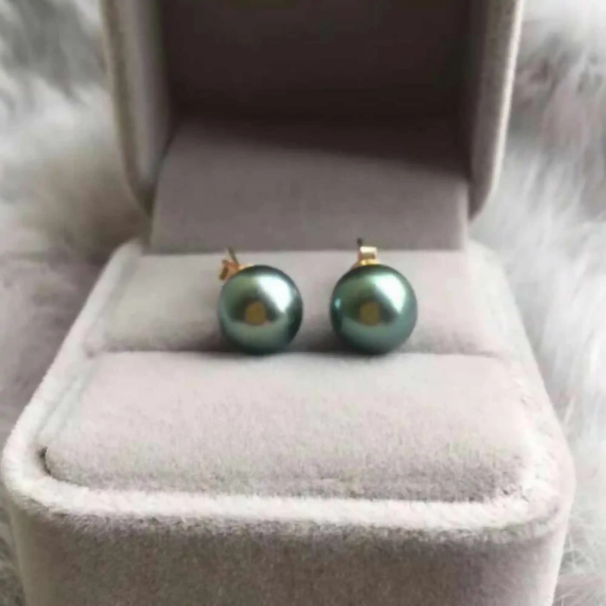 Orecchini in oro 14 carati con perle rotonde di Tahiti naturali nere verdi da 12 mm, regalo di nozze per acquacoltura del Ringraziamento, Halloween