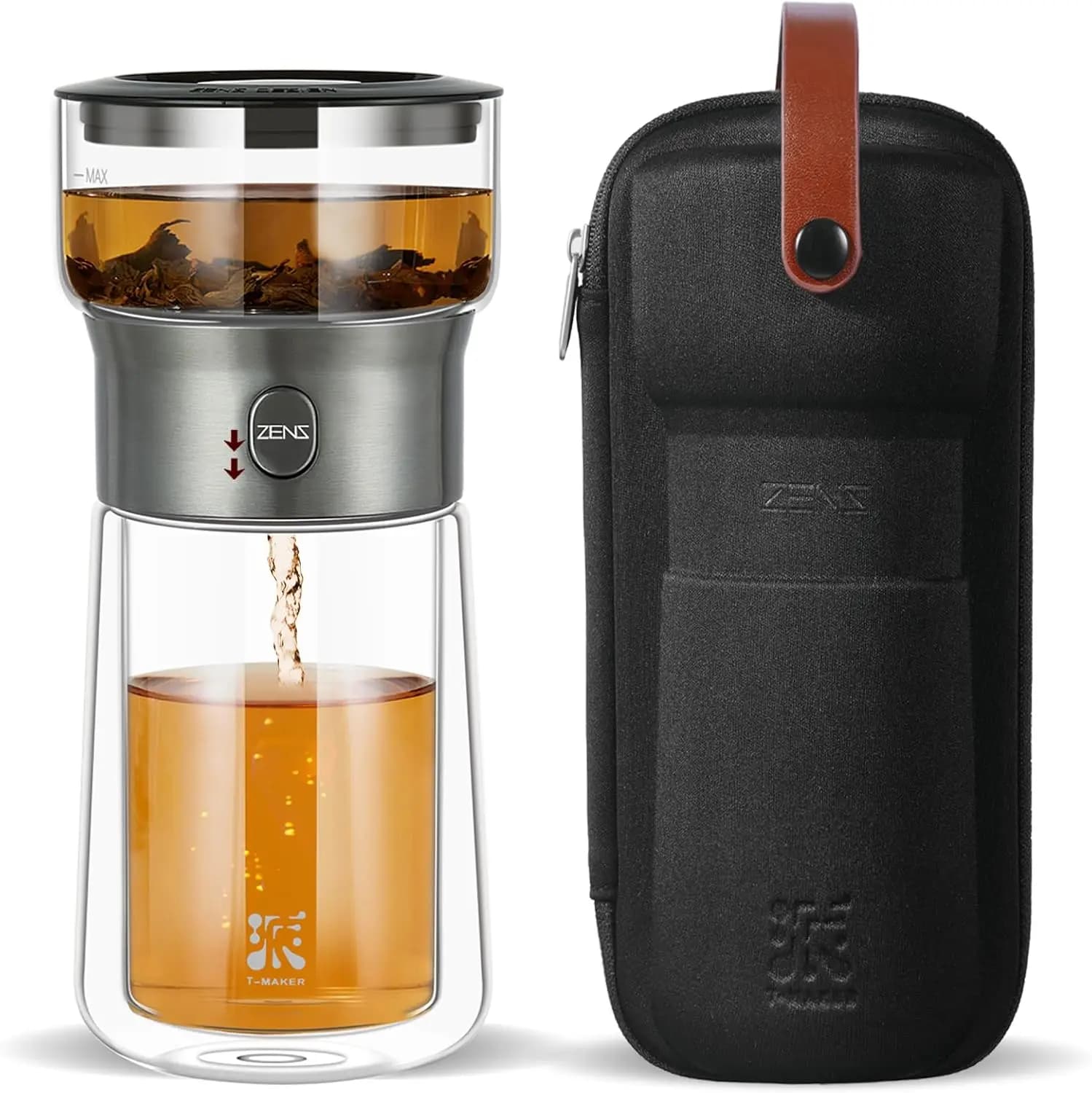 Teiera Moderna in Vetro con Infusore e Funzione One-Touch, Tazza Termica e Kit Portatile per Amanti del Tè Sfuso
