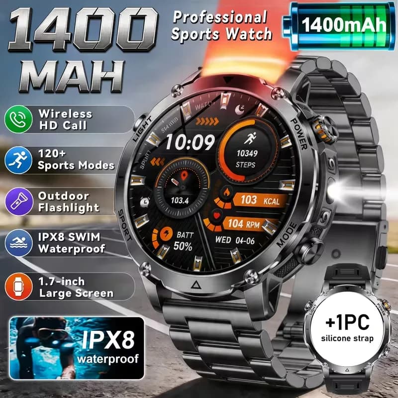 Orologio sportivo da uomo, schermo HD rotondo da 1,7 pollici, 1400 mAh, doppio LED (SOS rosso+bianco), oltre 120 sport, impermeabile IPX8, chiamata wireless, regalo di compleanno