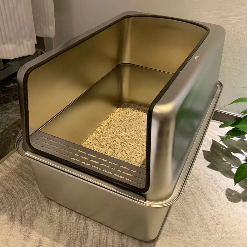 Extra Large 60cm Stainless Steel Cat Litter Box, Raised Fence Anti-Splash Cat Toilet, Odor Resistant Pet Litter Tray