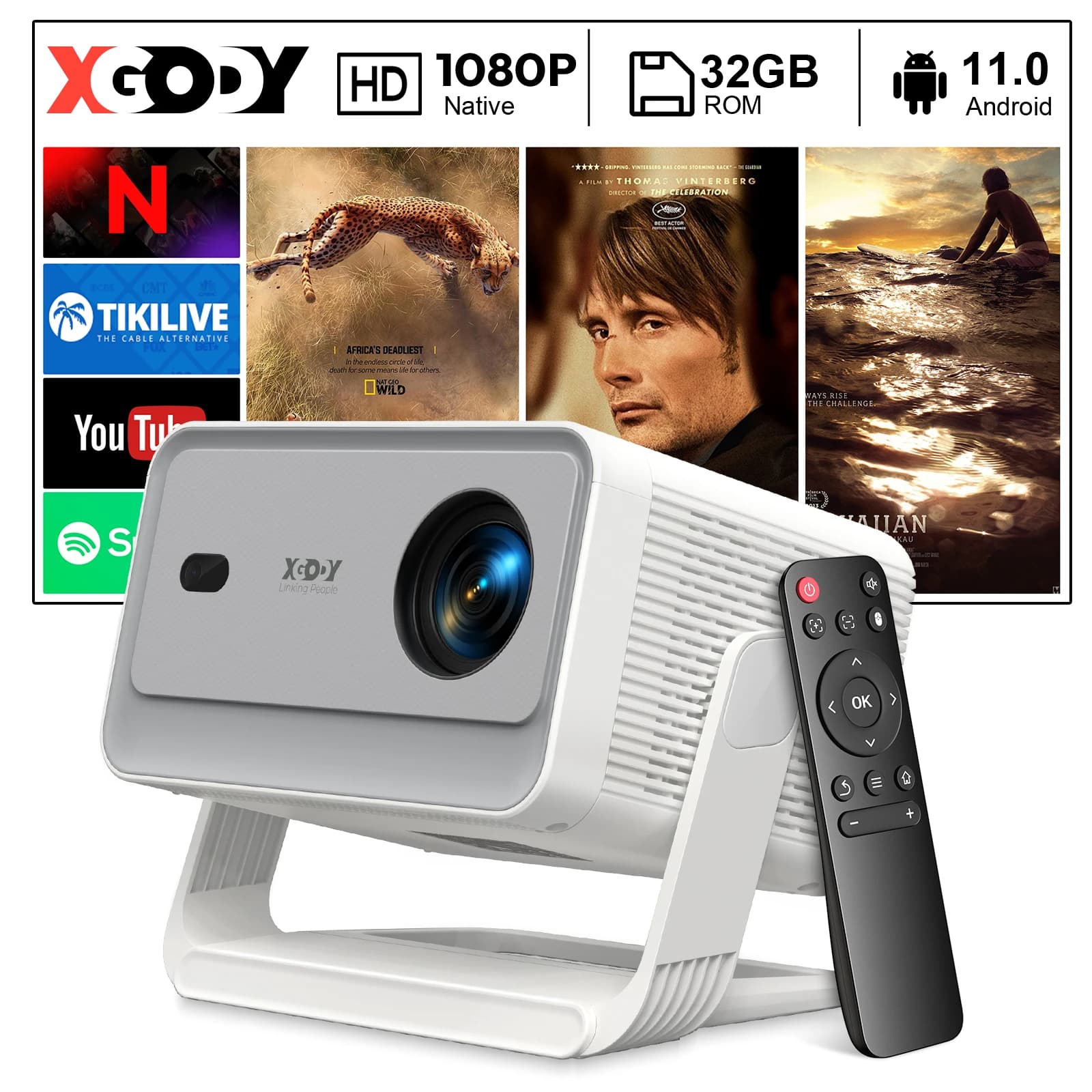 XGODY Android 11 Native 1080P 4K with Automatic Keystone Correction, Air Mouse, 550 ANSI, Wifi 6, BT5.4, Portable for Home Cinema