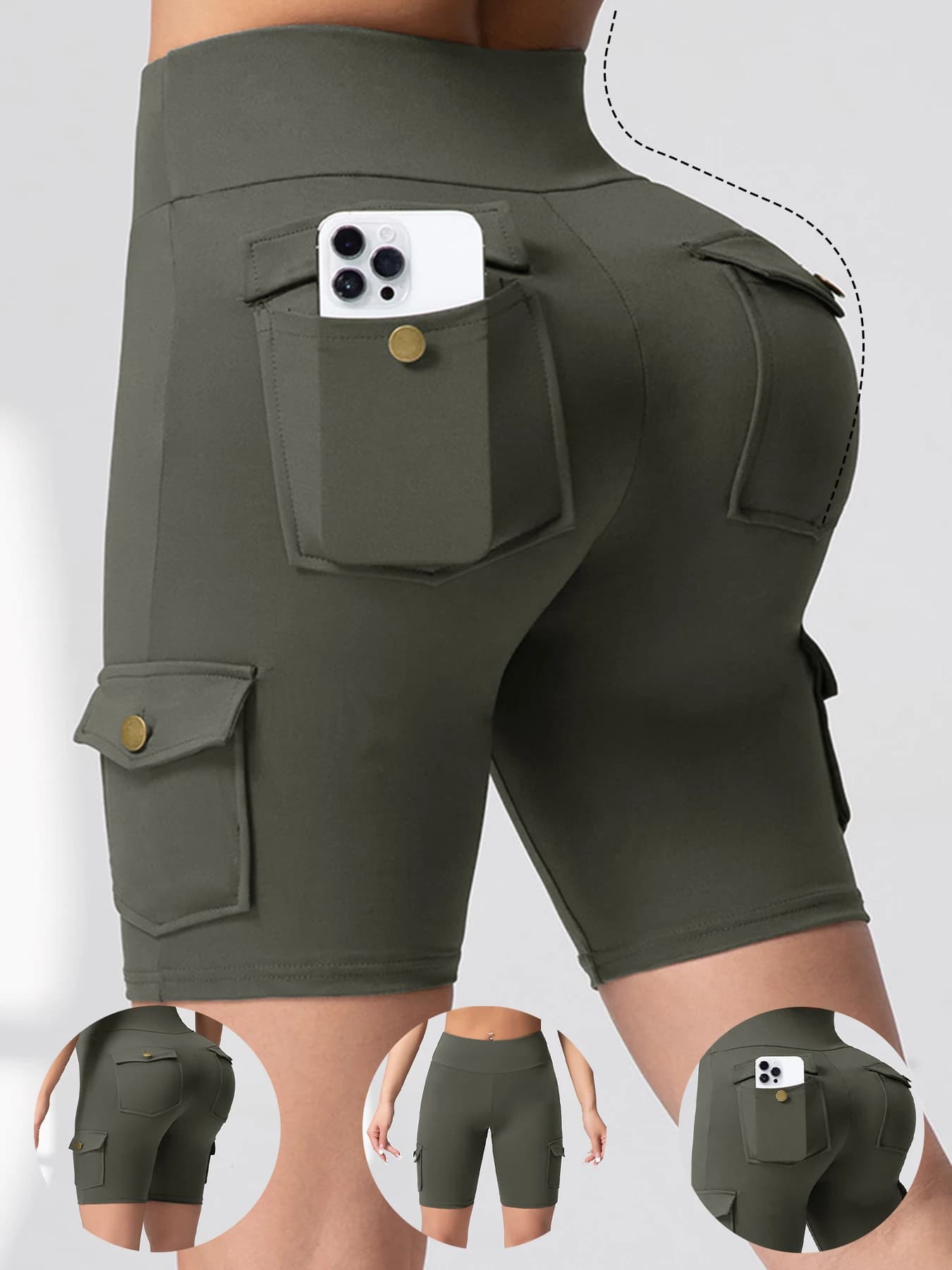 Women's multi-tank shorts in solid color with seating lift Multi-task workwear 5 door pants Slim elastic fitness pants Cycling shorts