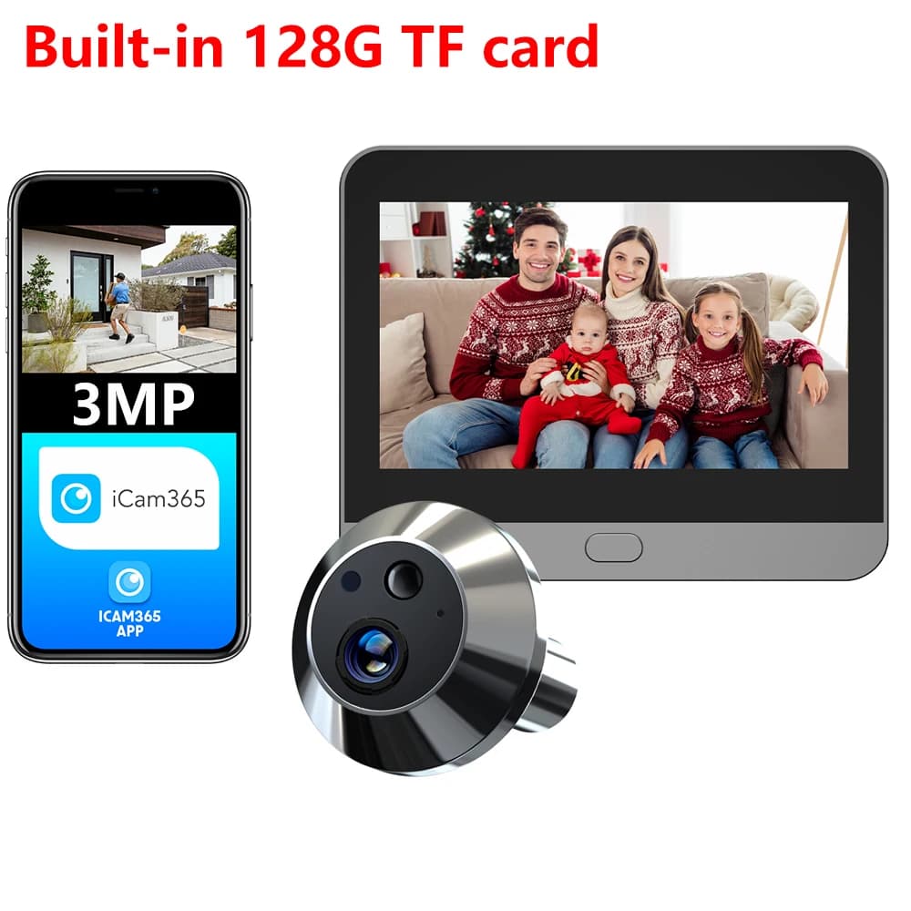 Scheda TF 128G integrata Smart 3MP Mini spioncino digitale telecamera per porta WiFi 940nm IR a infrarossi PIR rilevamento del movimento visualizzatore digitale