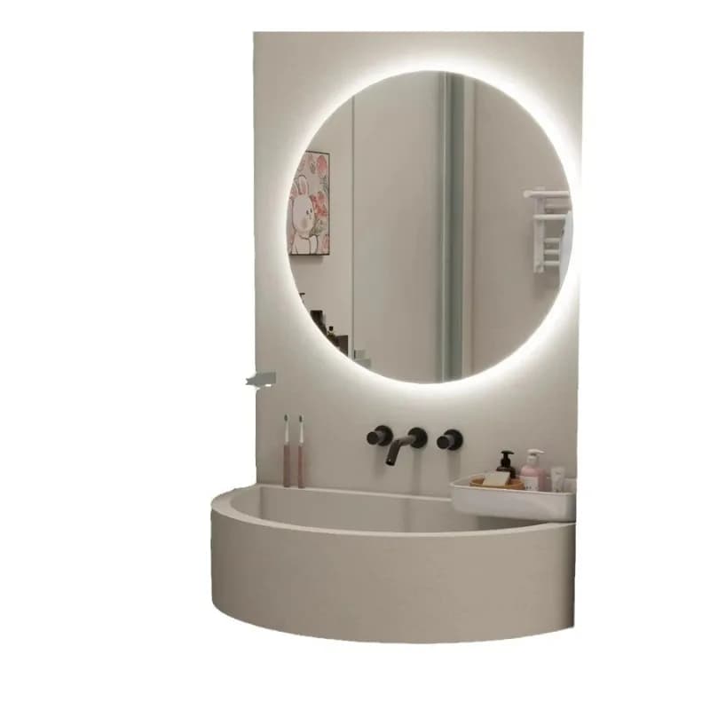 Mobiletto da bagno con lavabo integrato in Corian curvo, mobiletto combinato per lavabo, specchio intelligente
