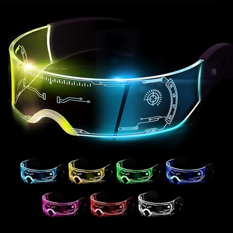 Occhiali visiera cyberpunk con luci LED, occhiali luminosi futuristici, accessorio rave per festival e feste.