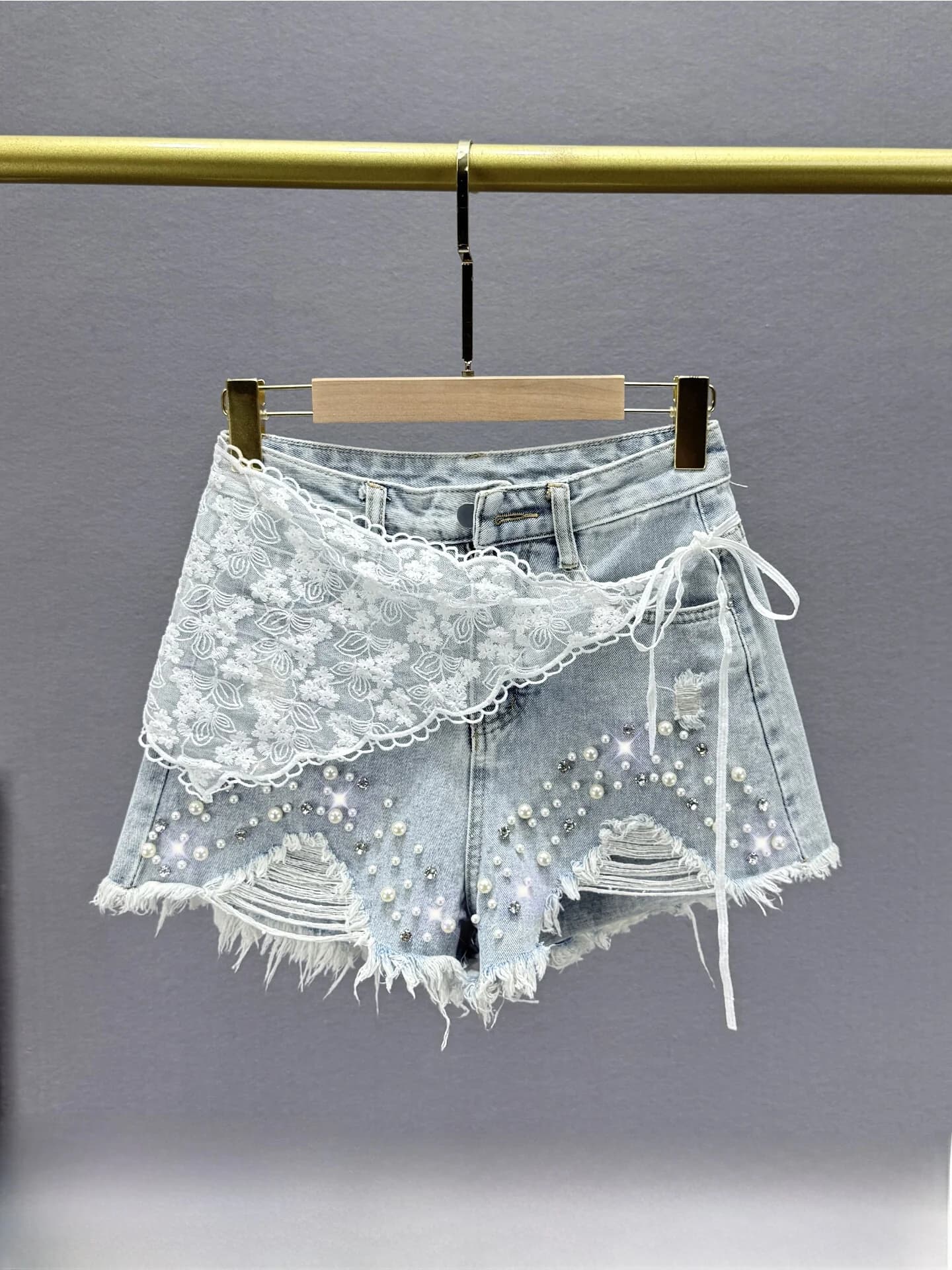 Pantaloncini in denim a vita alta da donna, nuovi arrivi estivi di tendenza, con strappi e gambe larghe, decorati con strass, pantaloni corti casual in jeans blu