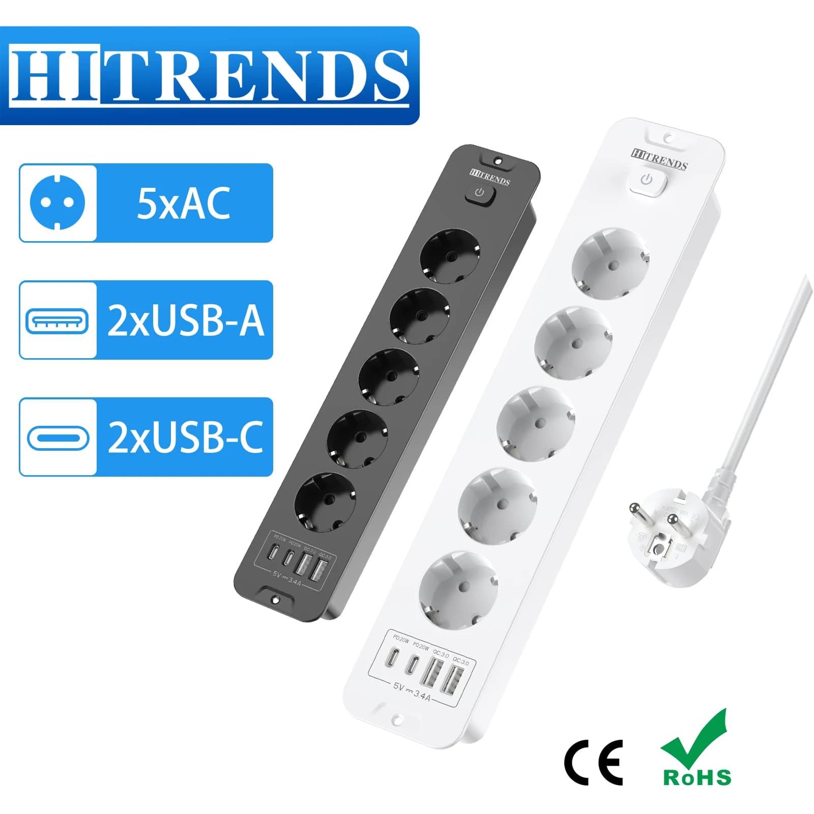 Built-in 5AC table socket integrated into the slippers with 2 USB-A 2 Type-C PD20W charging, 2 m cable socket for the house