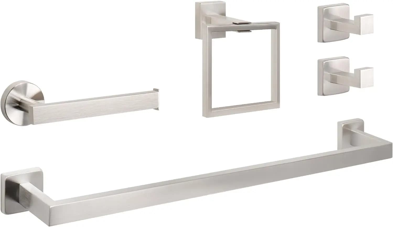 Set di 5 Accessori per Bagno in Acciaio Inox 304, Kit Portasciugamani Quadrato con Asta da 60 cm, Anello Portasciugamani, Porta Carta Igienica e