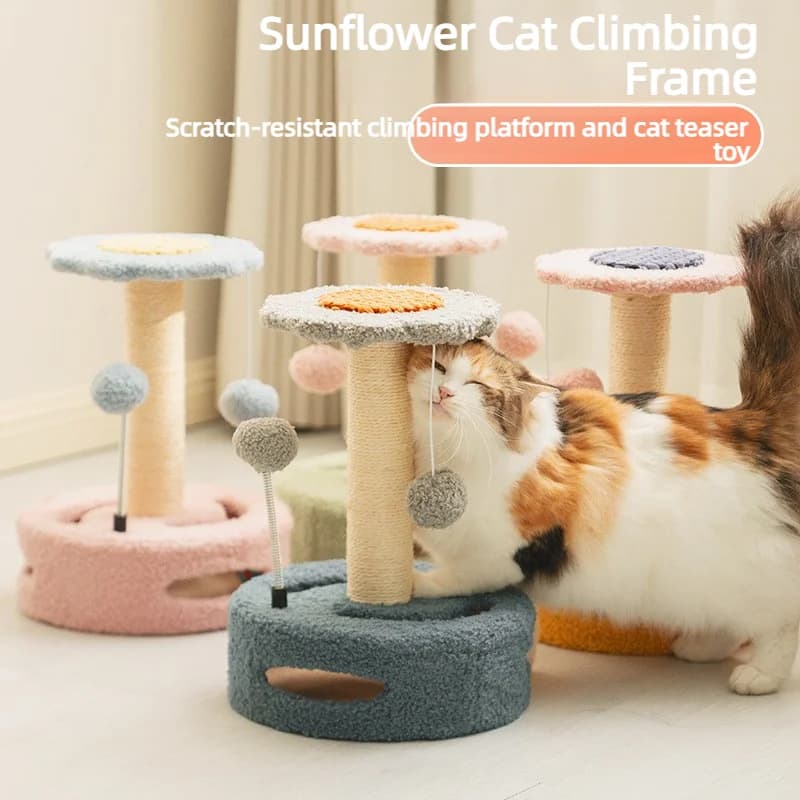 Sunflower Cat Tree Tower Sisal Scratching Post With Toy Balls For Small Cats