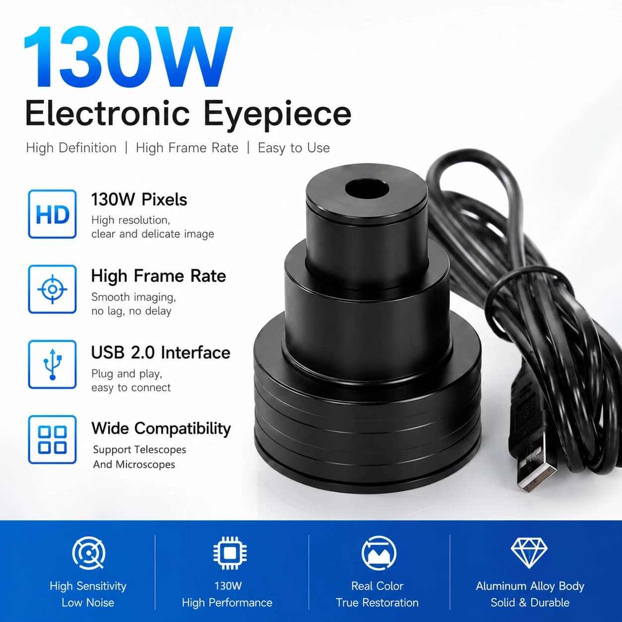 Telecamera Oculare Elettronica USB 130W HD per Telescopio e Microscopio, Alta Frequenza di Immagine per PC e Laptop