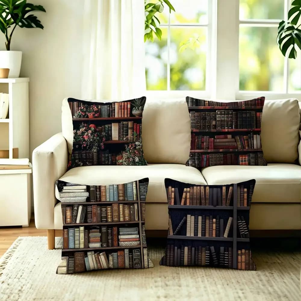 Book Shelf Pattern Pillow Case Square Double-Sided Sofa Cushion Cover Bedroom Bedside Pillow