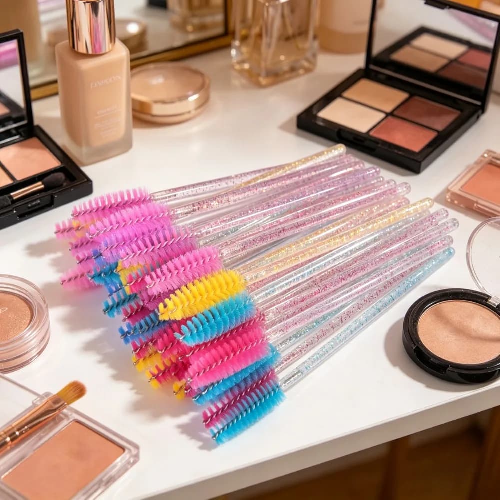 50 Pezzi Spazzole per Mascara da Donna, Pennelli Colorati con Glitter e Cristalli per Extension Ciglia e Sopracciglia, Strumenti per il Trucco