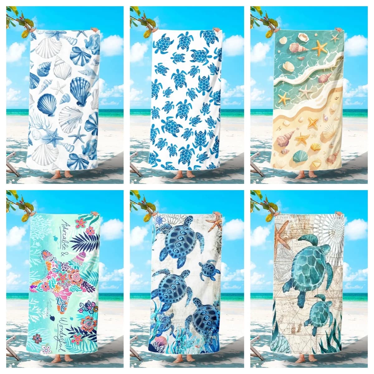 1/2Pcs Blue White Seashell Starfish Beach Towel, Coastal Ocean Print Quick Dry Towel,Swimming Bathrobe Absorbent Quick-Drying