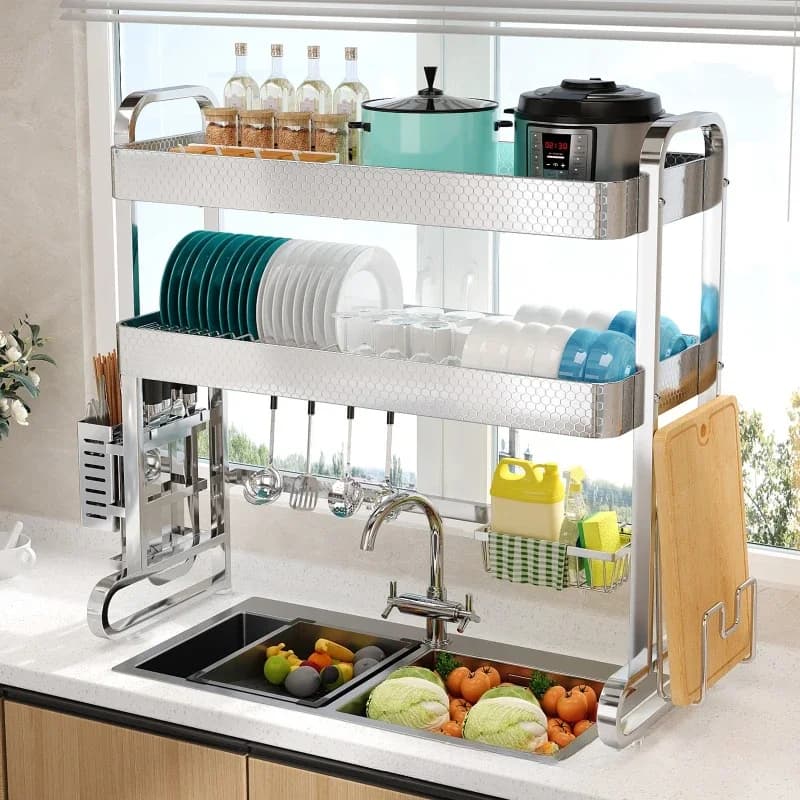 Stainless Steel Kitchen Sink Shelf Dish Rack Above Sink Dish Drain Rack Knife Chopstick Rack Multifunctional Dish Rack