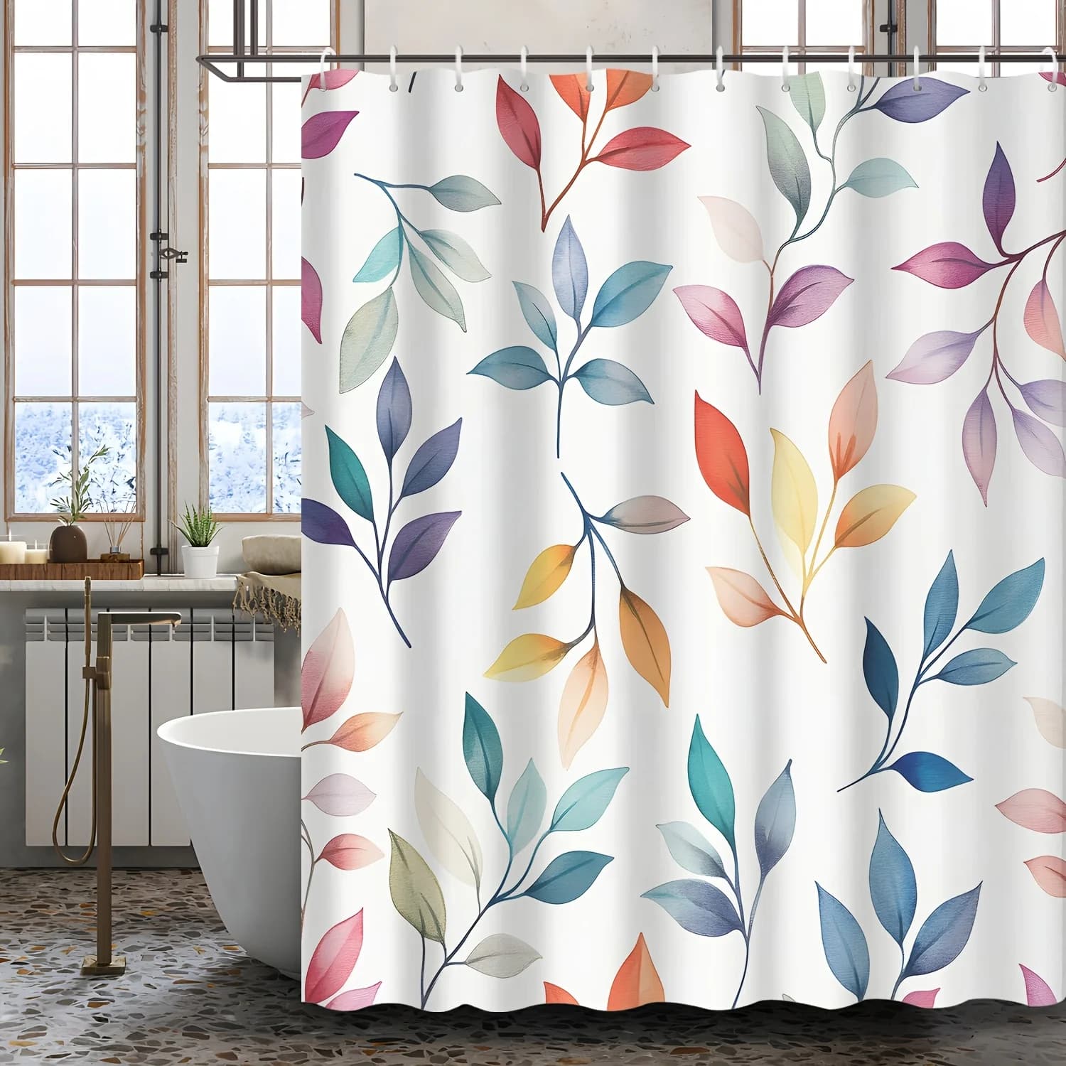 Tenda da doccia in eucalipto stile nordico da 1 pezzo - Foglie e rami dell'acquerello, design vegetale colorato, include arredamento per il bagno