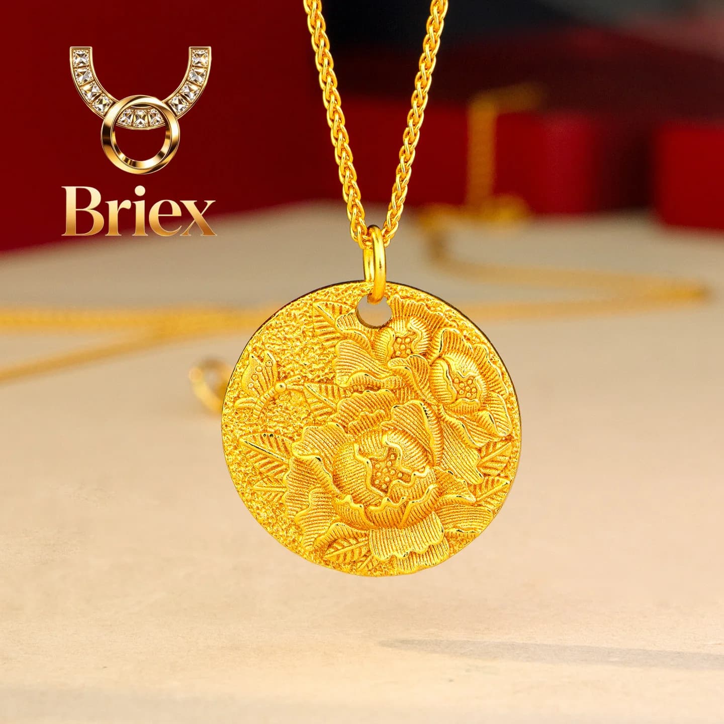 Collana con Pendente Rotondo in Filigold Antico con Peonia in Rilievo, Oro Puro 24K 9999, Gioielli di Lusso Briex per Donna