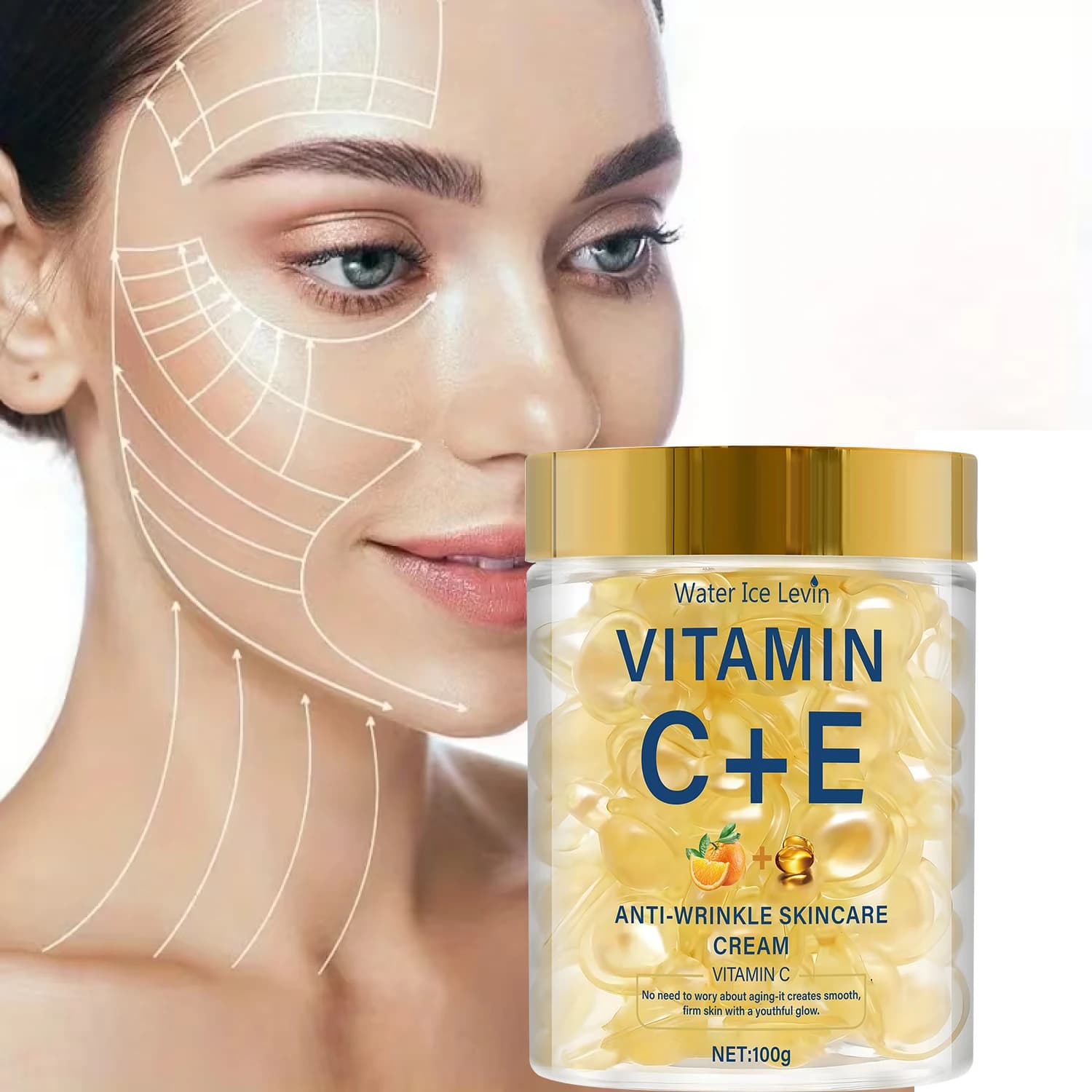 Crema viso antirughe alla vitamina C+E. Idrata e previene il tono della pelle. Firms Lift Texture. Bagliore radiante giovanile. 100 g.