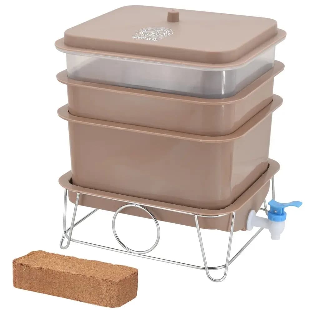 Kit Compostiera per Vermi WN55 a 4 Vassoi con Mattone di Cocco per Riciclare Rifiuti Alimentari, Letame di Vermi, Tisana di Vermi, Vermi